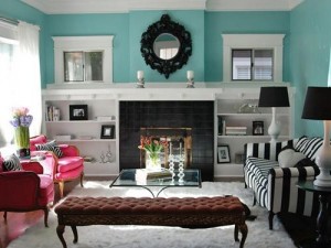 black white turquiose eclectic living room