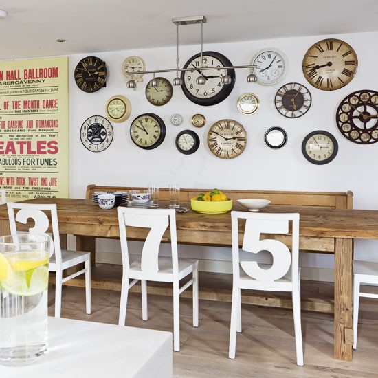 Quirky dining room White number chairs clock collection retro poster