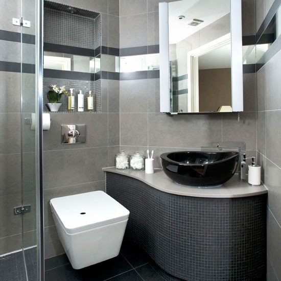 1 black basin compact illuminated mirror tiled bathroom Via House to Home