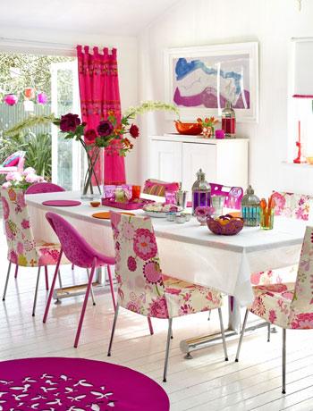 pink white floral feminine dining room chairs round rug