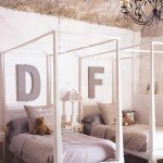 unisex boys girls kids room shared childrens bedroom childs grey gray white four poster bed beds
