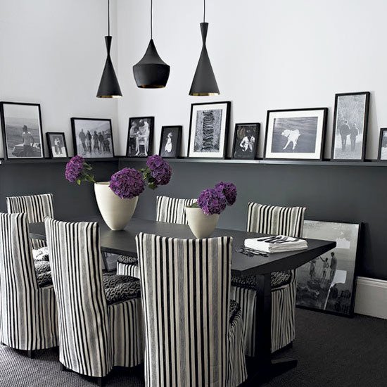 4 black white quirky dining room striped chair covers pendant lights picture rail black white quirky dining room striped chair covers pendant lights picture rail