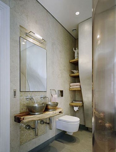 6 mosaic tile twin metal sink wooden vanity bathroom Via Desire to Inspire