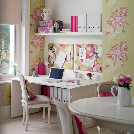 7 pink green white feminine home office dining room Via Mzine