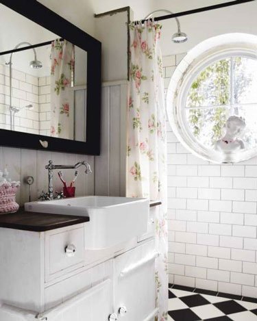 9 white country bathroom belfast sink round window Via Desire to Inspire