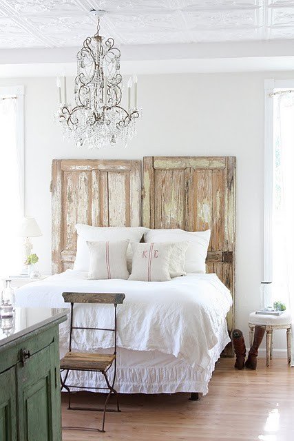DIY headboard rustic doors white bedroom Via Refreshed Designs