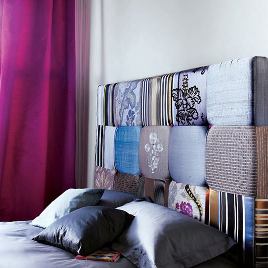 DIY upcycled fabric headboard eclectic bedroom Via Refreshed Designs