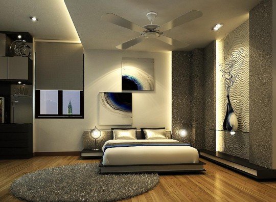 4 white grey gray contemporary modern bedroom platform bed bedsides metallic headboard Via Freshomezine