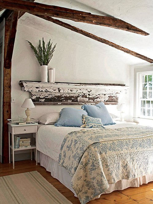 DIY repurposed headboard rustic mantle white bedroom Via Green Tea Design