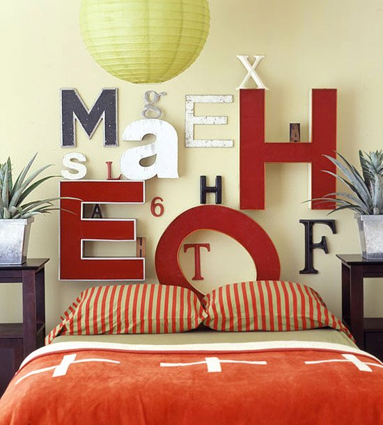 DIY headboard letters red cream bedroom feature wall Via Green Tea Design