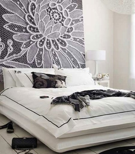 DIY headboard lace covered white grey gray bedroom Via Beauty and the Green