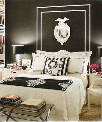 DIY headboad mirror black white bedroom feature wall Via Beauty and the Green