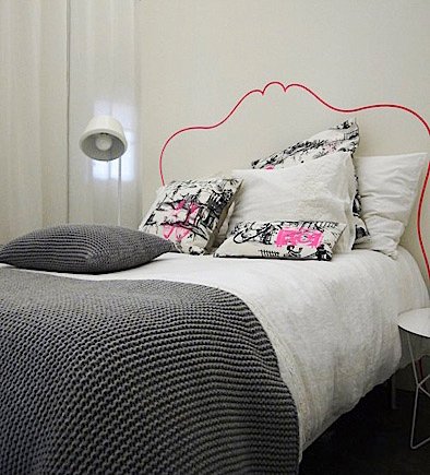 DIY headboard painted on wall grey gray pink bedroom feature wall Via The DIY Dreamer