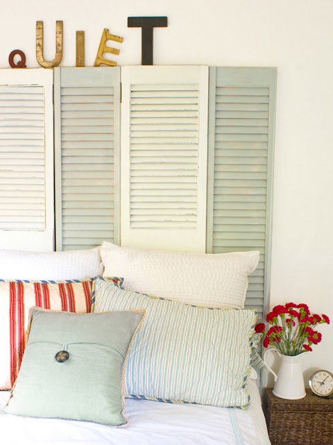 DIY headboard painted shutters screen white blue bedroom feature wall Via Potential Treasures
