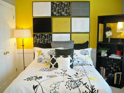DIY padded headboard yellow white black bedroom feature wall Via Potential Treasures