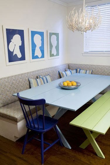 Custom built-in dining banquette bench grey gray white blue shades decor blues and green painted furniture Via Polkadots and Puppies