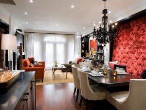 Classic traditional high button backed upholstered wall dining banquette red orange and black