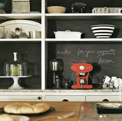 Chalkboard painted shelf backs blackboard cubbies open kitchen shelves Via Audrey's Design Blog