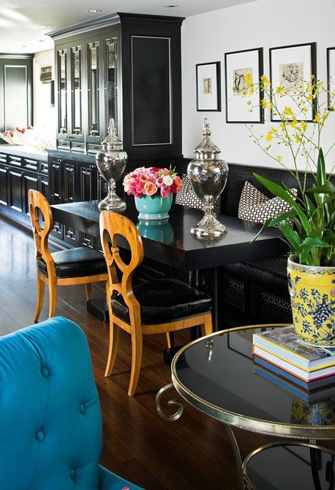 black white teal turquoise dramatic kitchen diner banquette bench Via Prairie Perch