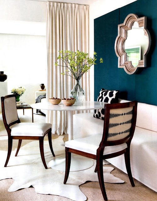 Black white teal modern dining room area banquette bench decorative mirror Via Prairie Perch