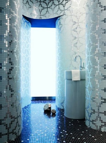 Metallic slver white wallpaper style patterned mosaics bathroom tiles Via Flickr