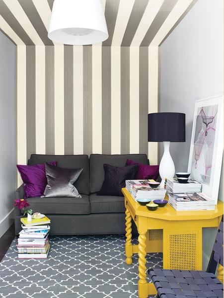grey gray white stripes wall ceiling yellow table furniture Via Firstsense