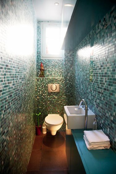 teal green blue mixed shade mosaic bathroom tiles cloakroom toilet Via Desire to Inspire