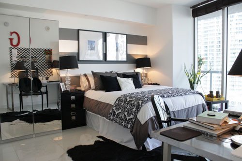grey gray white stripey bedroom wall mirrored wardrobe Via Parlour Home Blog