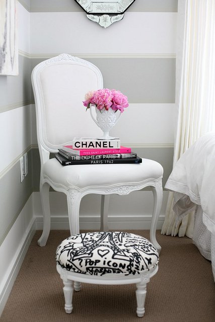 grey gray white wide striped wallpaper pink glamorous bedroom Via Parlour Home Blog