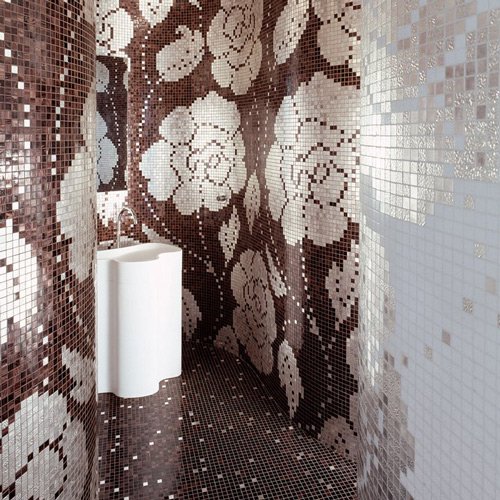 Brown white floral mosaic wallpaper romantic elegant bathroom tile walls Via Trendzona