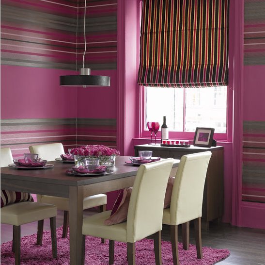 purple grey gray stripe wallpaper dining room suite Via House to Home