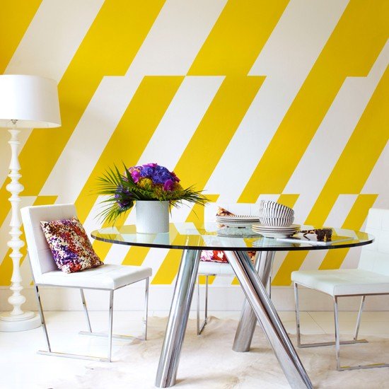yellow white stripe contemporary dining room set glass table Via House to Home