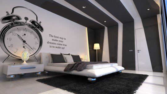 black grey gray white irregular striped contemporary bedroom Via Freshomezine