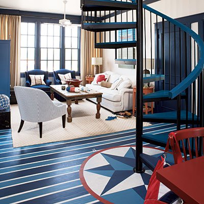 Red white and blue living room lounge painted floor Via Beautifully Coastal