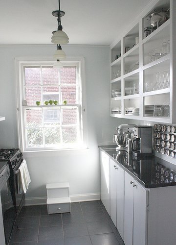 Black white grey galley kitchen open shelving Black white grey galley kitchen open shelving