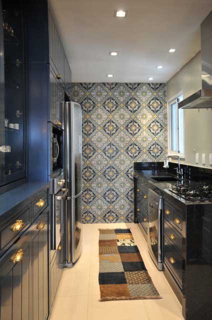 Dark unit galley kitchen design black yellow Dark unit galley kitchen design black yellow