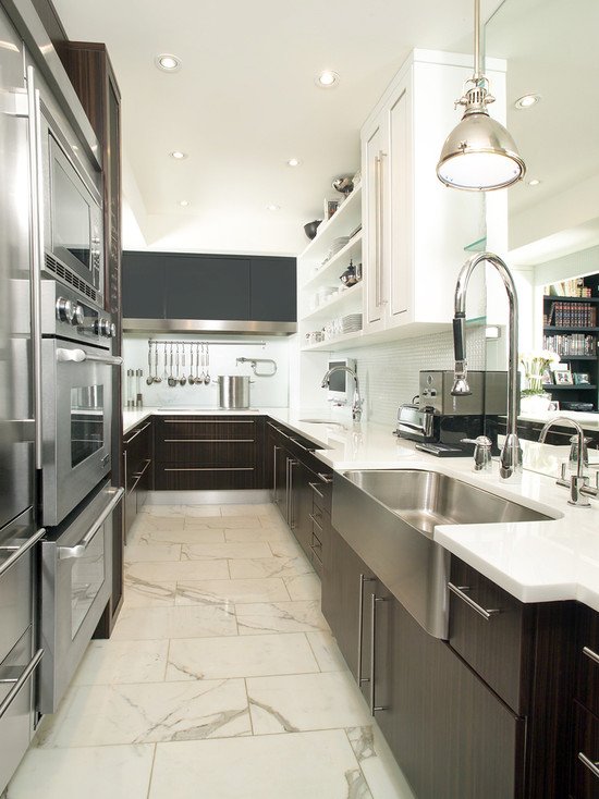 Black white walnut galley kitchen stainless steel butler sink Black white walnut galley kitchen stainless steel butler sink