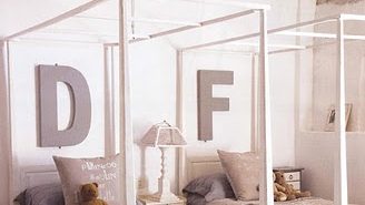 unisex boys girls kids room shared childrens bedroom childs grey gray white four poster bed beds
