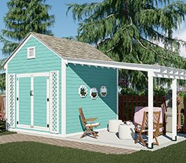 Garden shed with pergola and patio