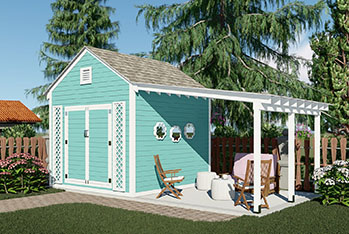 Garden shed with pergola and patio